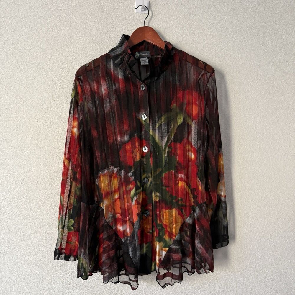 Damee Inc Floral Sheer Blouse Womens L Red Black Pleated Button Dark Romantic